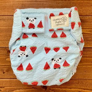 画像1: スイカとパンダ【よつばのおむつ/日本製/ハンドメイド】布おむつカバー （透湿性防水布使用）西瓜 (1)