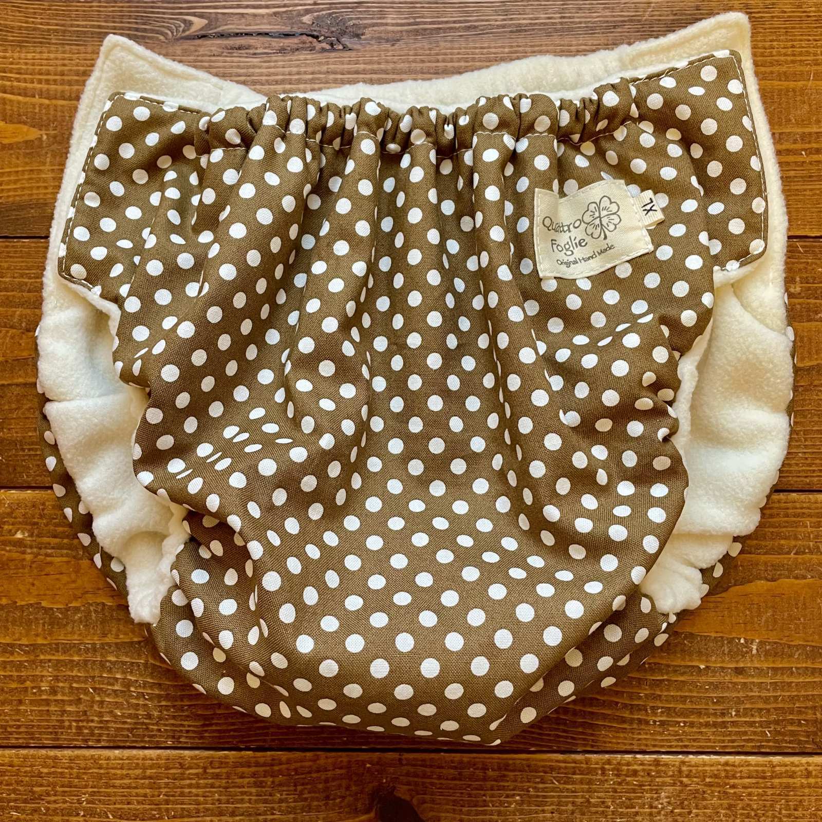 【受注製作】【大きいトレパン XL:90-110】みずたま（ブラウン）※内側アイボリーパンツ型おむつカバー（防水）立ったまま交換出来る♪ドット,茶色,水玉※ご希望のサイズをお知らせください