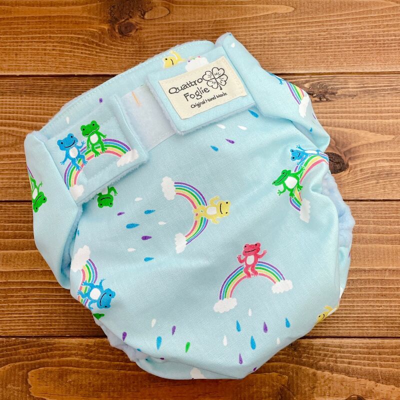 よつばのおむつ 日本製ハンドメイド 布おむつカバー 透湿性防水布使用のリニューアル版 虹のカエル君 水色